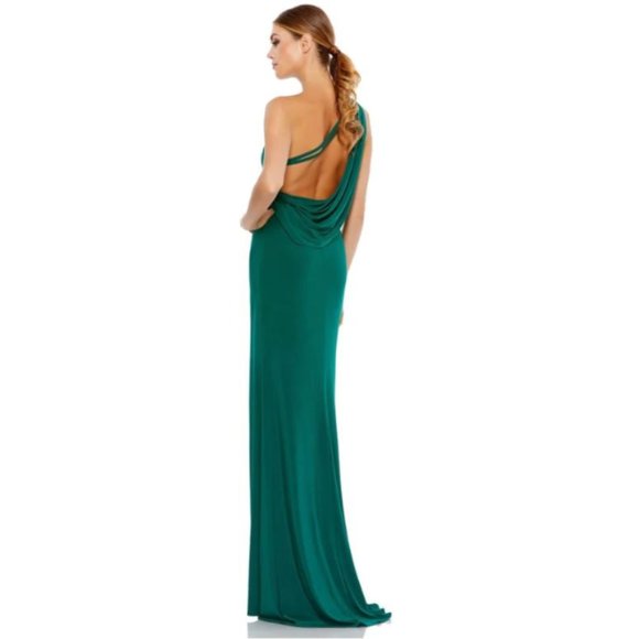 Ieena for Mac Duggal Emerald Draped Back Stretch Jersey Gown 8 - Picture 3 of 10